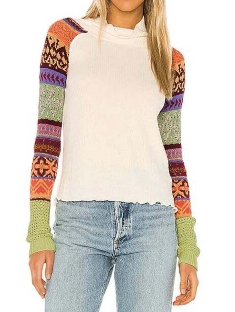 Free People women’s Prism Sweater ribbed fair isle mixed media sleeves sz XL
